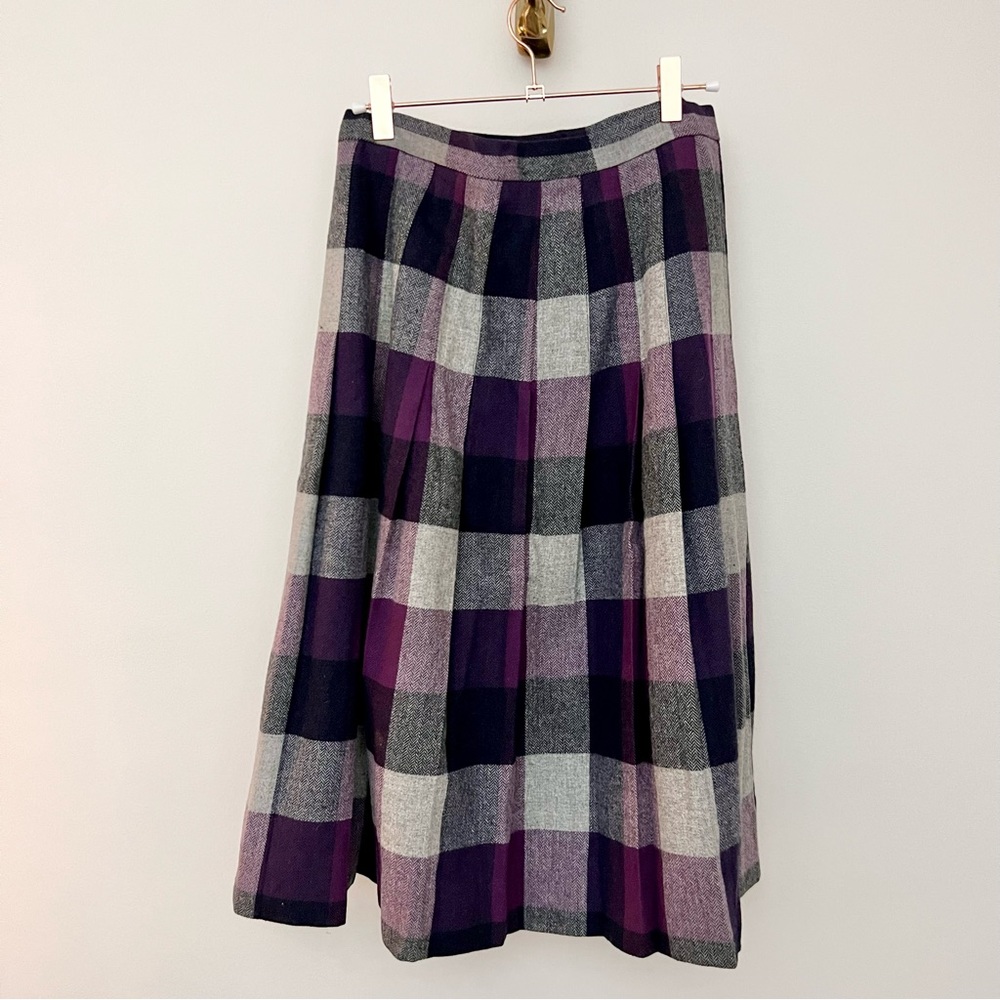 Vintage Union Made Purple Plaid Wool Blend Pleated Skirt - Picture 6 of 16